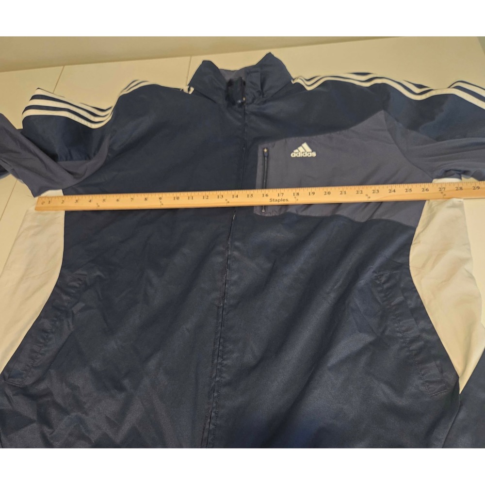 Adidas Mens Navy Blue Full Zip Track Jacket Windbreaker Hooded 3-Stripe Size 2XL - Picture 15 of 16